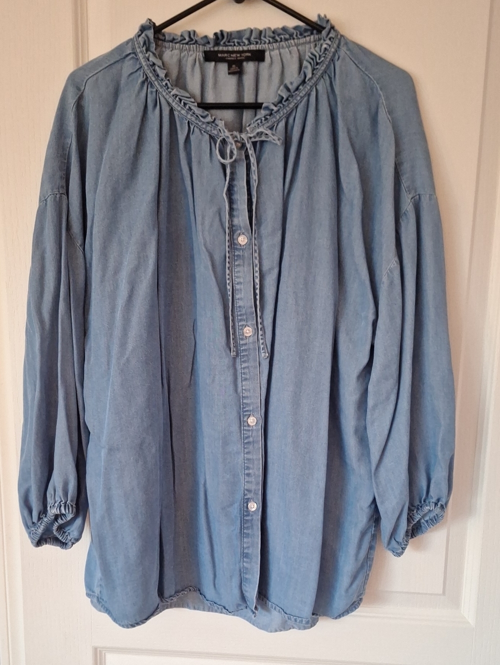 Marc Fisher Light Blue Chambray Button-Down Peasant Blouse
